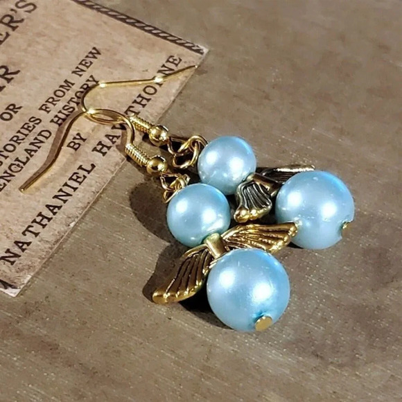 Sustainable Christmas Holiday Angels Gold Plated Light Blue Glass Pearl Earrings - Picture 1 of 9